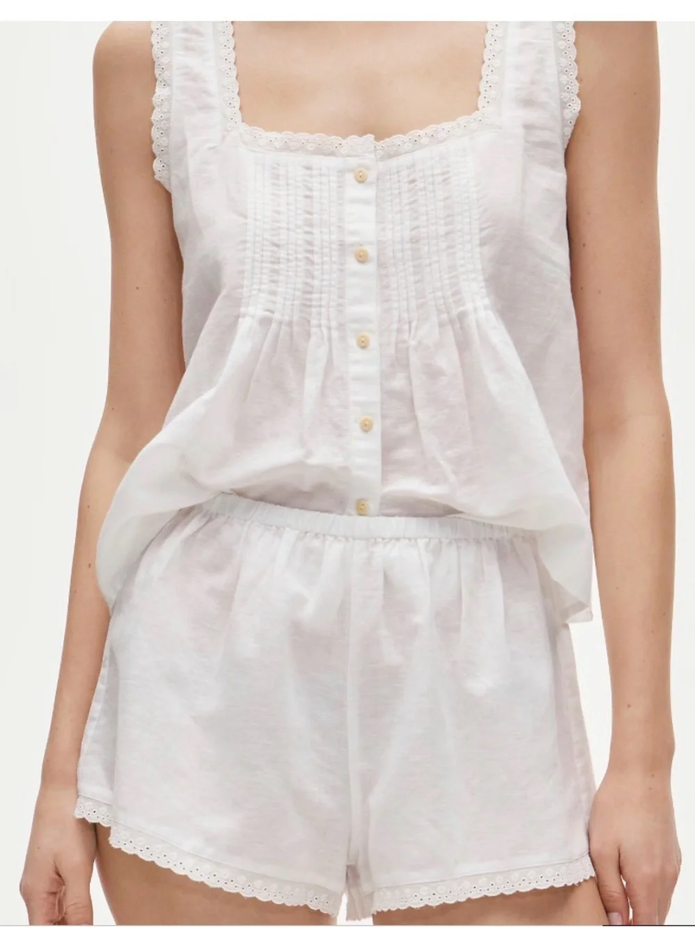 J CREW MEDIUM Lace-trim camisole and pajama short set linen-cotton blend CK350